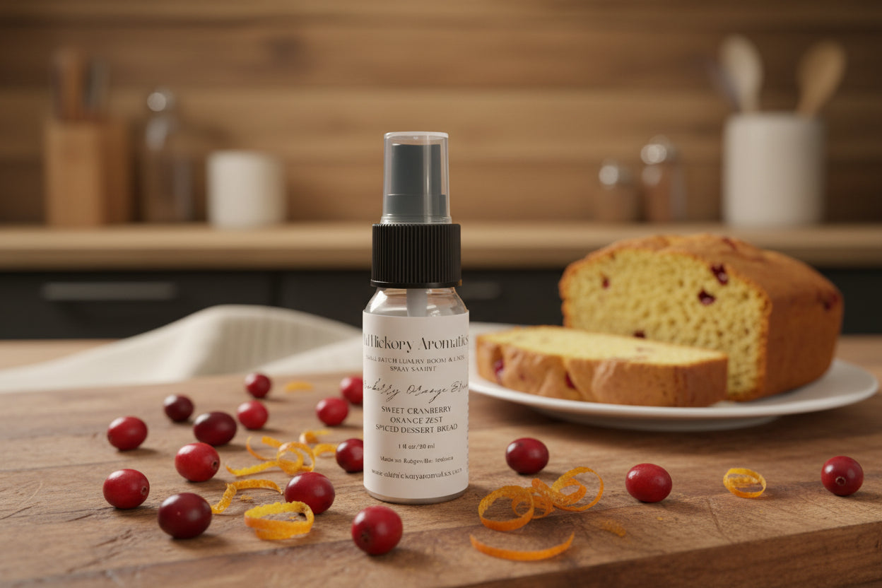 Bottle Old Hickory Aromatics Cranberry Orange Bread Room and Linen Spray Sample on a kitchen counter with fresh cranberries, orange zest, and a loaf of sweet bread.