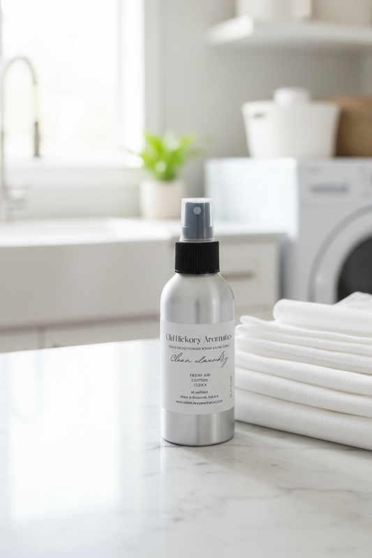 Silver spray bottle of Old Hickory Aromatics Clean Laundry Room and Linen Spray on laundry room counter with clean white sheets, white front load washer, and farmhouse style sink in background.