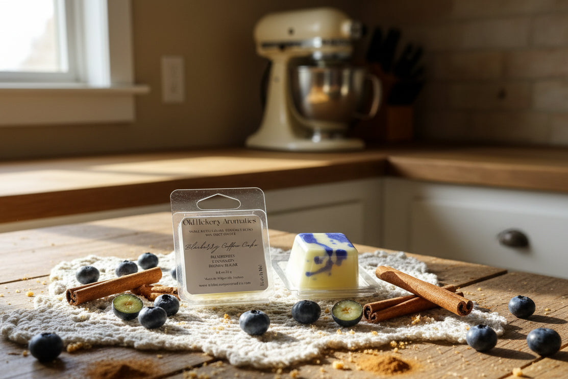 Two wax melt samples in clear packaging on a beige crocheted cloth. One packaged melt is labeled, reading 'Blueberry Coffee Cake', alongside another small blue and white marbled wax melt.