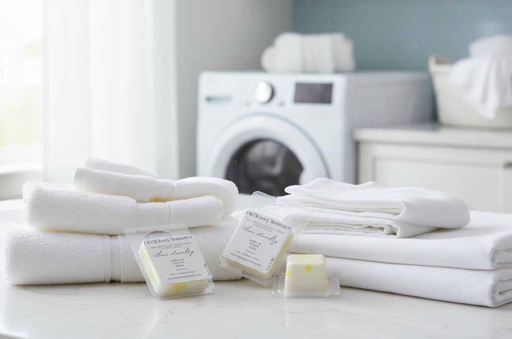 Three small clear wax tarts with yellow colorant, placed on white cotton sheets. Labeled as Old Hickory Aromatics Clean Laundry Wax Melt Samples. White front load washer and laundry basket in background.
