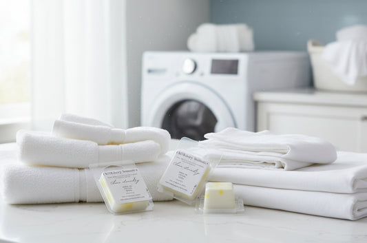 Three small clear wax tarts with yellow colorant, placed on white cotton sheets. Labeled as Old Hickory Aromatics Clean Laundry Wax Melt Samples. White front load washer and laundry basket in background.
