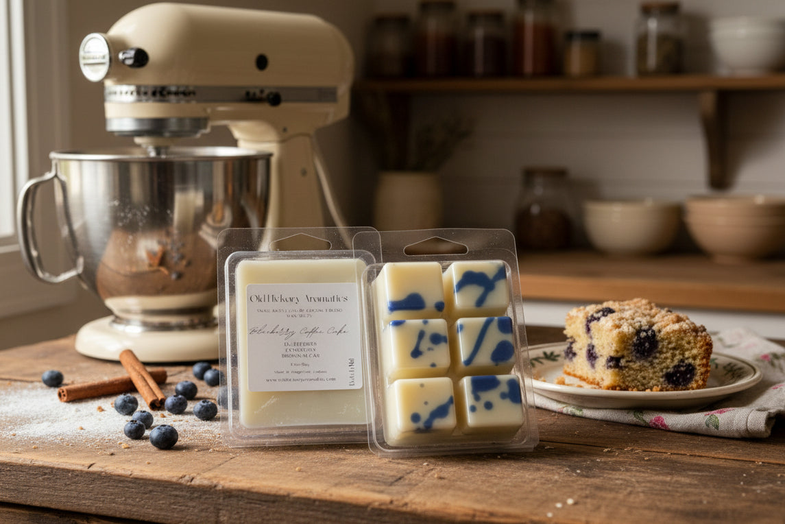 A clear clamshell packaging containing blue and white marbled wax tarts with a label reading 'Blueberry Coffee Cake', alongside another blue and white marbled wax melt.