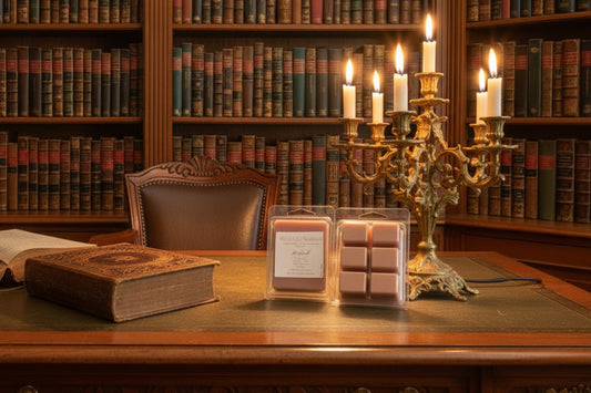 Two wax melts packaged in clear six cavity clamshells on a rosewood table with a leather bound book, one open book, and a personal library in background.