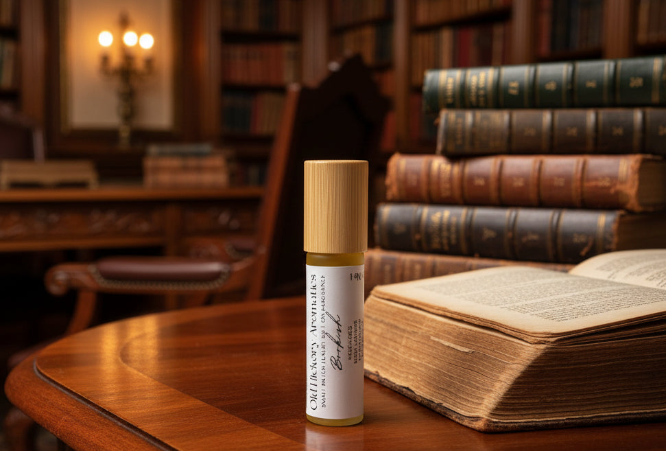 Small rollerball bottle with wooden cap and white label of Old Hickory Aromatics Bookish Roll On Fragrance on a rosewood desk surrounded by leather bound books and a personal library.