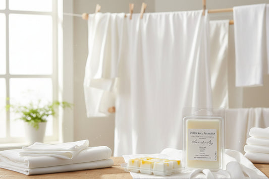 Two six cell clamshells of Old Hickory Aromatics Clean Laundry Wax Melts on a laundry room counter with clean white sheets on the counter and hanging to dry in the background.