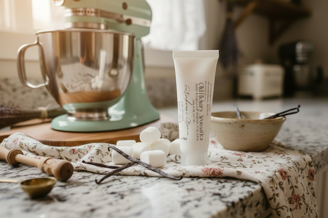 Small squeeze bottle of Farmhouse Cream Hand and Body Lotion with marshmallows, vanilla beans, a kitxhen towel, and bowl on a granite countertop with a kitchen mixer in the background.