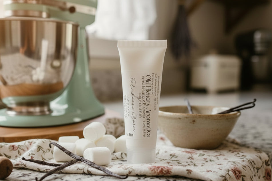 Small squeeze bottle of Farmhouse Cream Hand and Body Lotion with marshmallows and vanilla beans on a countertop with a kitchen mixer in the background.
