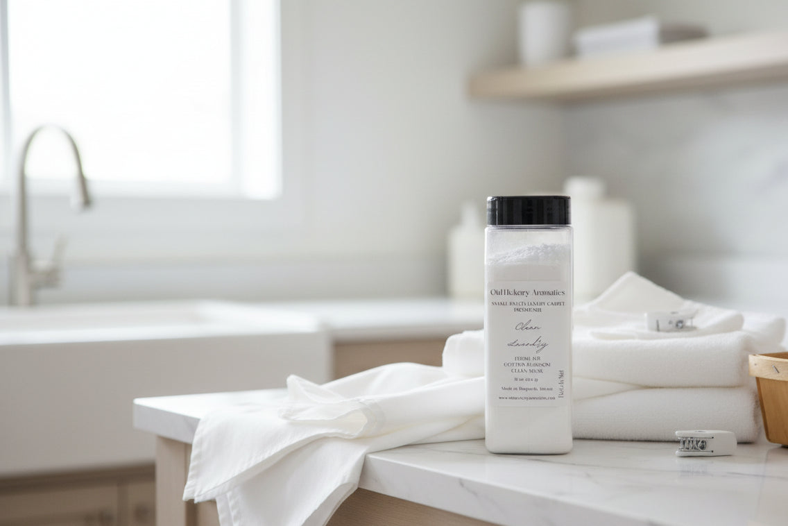 White container of carpet freshener on a laundry room counter with white towels and a window in the background.