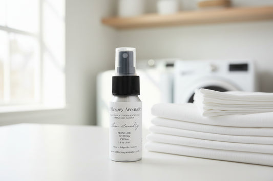 Small Old Hickory Aromatics Clean Laundry Room and Linen Spray bottle on a laundry room counter with folded white sheets and white front load washer and dryer in background. 