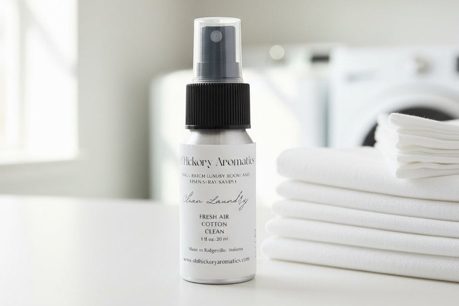 Small Old Hickory Aromatics Clean Laundry Room and Linen Spray bottle on a laundry room counter with folded white sheets and white front load washer and dryer in background. 