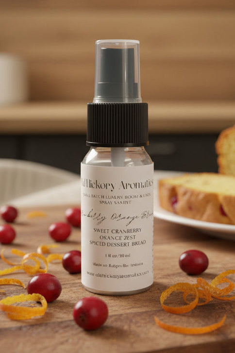 Bottle Old Hickory Aromatics Cranberry Orange Bread Room and Linen Spray Sample on a kitchen counter with fresh cranberries, orange zest, and a loaf of sweet bread.