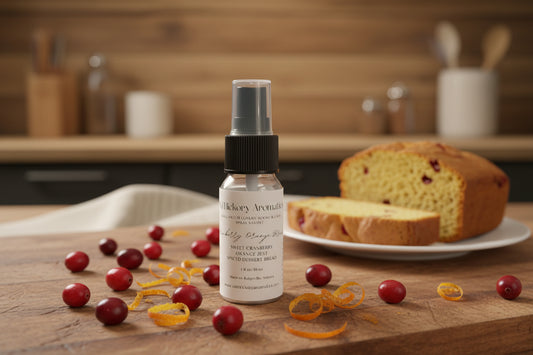 Bottle Old Hickory Aromatics Cranberry Orange Bread Room and Linen Spray Sample on a kitchen counter with fresh cranberries, orange zest, and a loaf of sweet bread.