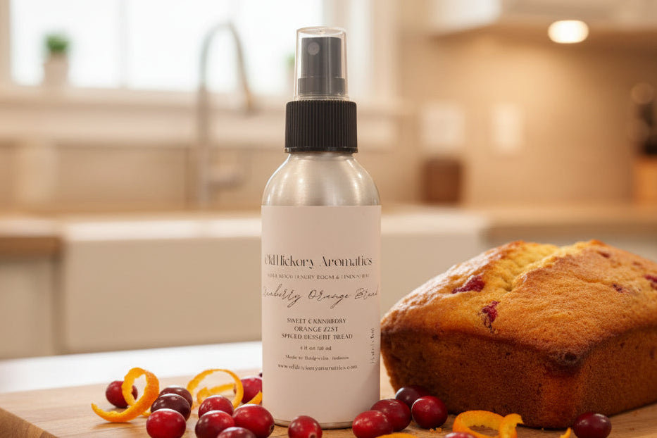 Bottle of Old Hickory Aromatics Cranberry Orange Bread Room and Linen Spray on a kitchen counter with a loaf of sweet bread, orange zest, and cranberries.