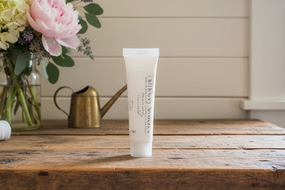 Old Hickory Aromatics Unscented Coconut Shea Hand and Body Lotion on wooden countertop with flowers in a vase, a watering can, kitchen towels, and a window in the background. 