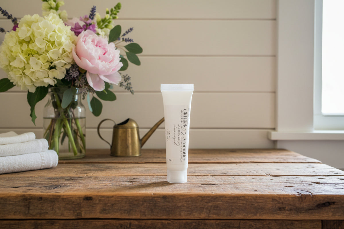 Old Hickory Aromatics Unscented Coconut Shea Hand and Body Lotion on wooden countertop with flowers in a vase, a watering can, kitchen towels, and a window in the background. 