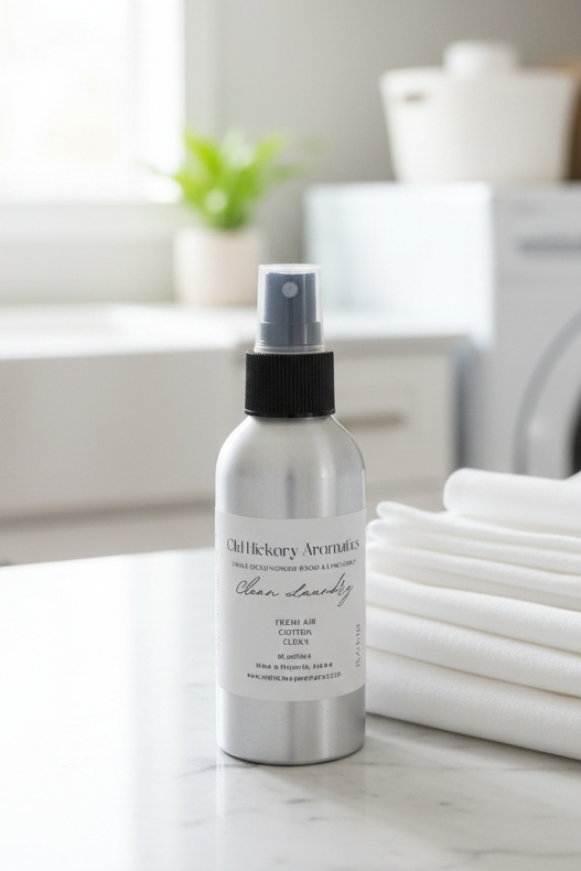 Silver spray bottle of Old Hickory Aromatics Clean Laundry Room and Linen Spray on laundry room counter with clean white sheets, white front load washer, and farmhouse style sink in background.