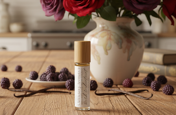 Small rollerball bottle with wooden cap and white label of Old Hickory Aromatics Dark Enchantment Roll On Fragrance on a wooden table with red and purple roses in a vase and black raspberries and vanilla beans scattered around. Farmhouse kitchen in background.