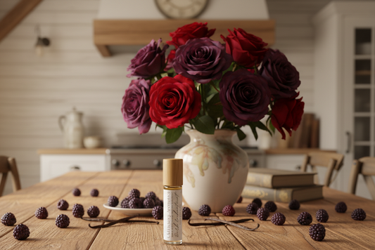 Small rollerball bottle with wooden cap and white label of Old Hickory Aromatics Dark Enchantment Roll On Fragrance on a wooden table with red and purple roses in a vase and black raspberries and vanilla beans scattered around. Farmhouse kitchen in background.