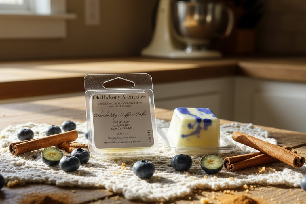 Two wax melt samples in clear packaging on a beige crocheted cloth. One packaged melt is labeled, reading 'Blueberry Coffee Cake', alongside another small blue and white marbled wax melt.