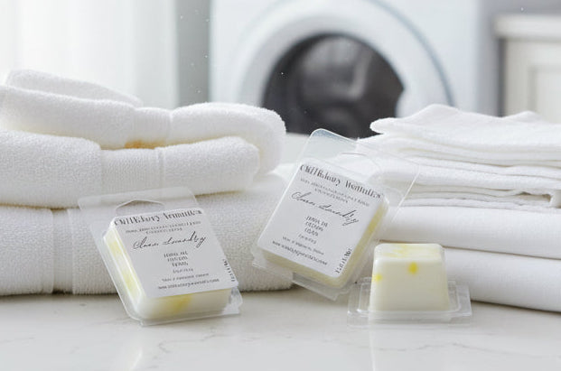 Three small clear wax tarts with yellow colorant, placed on white cotton sheets. Labeled as Old Hickory Aromatics Clean Laundry Wax Melt Samples. White front load washer in background. 