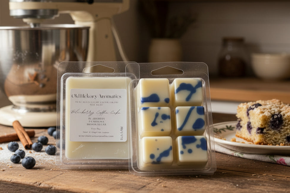 A clear clamshell packaging containing blue and white marbled wax tarts with a label reading 'Blueberry Coffee Cake', alongside another blue and white marbled wax melt.