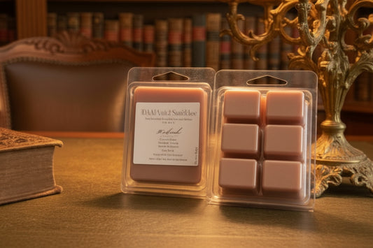 Candlelit scene with a candelabra, books, and wax melts on a wooden table in a library setting.