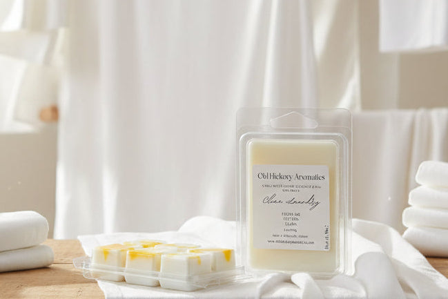 Two six cell clamshells of Old Hickory Aromatics Clean Laundry Wax Melts on a laundry room counter with clean white sheets on the counter and hanging to dry in the background. 